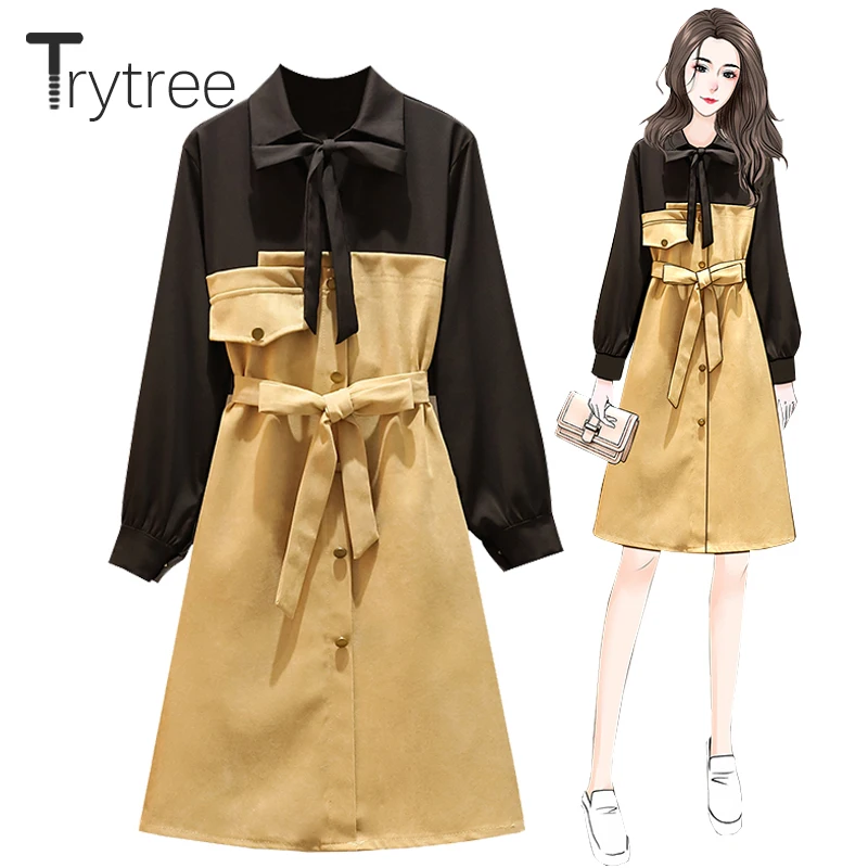 

Trytree 2021 Spring Autumn Women's Dress Casual Belt Turn-dow Collar Panelled Colours Single Breasted Office Lady Shirt Dress