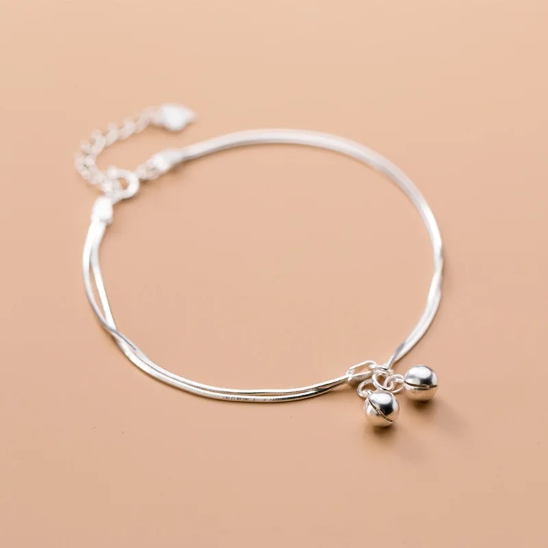 

S925 Стерлинговое Серебро Корейский простой стиль милый звонок двойной браслет-цепочка для женщин леди дочь ювелирные изделия