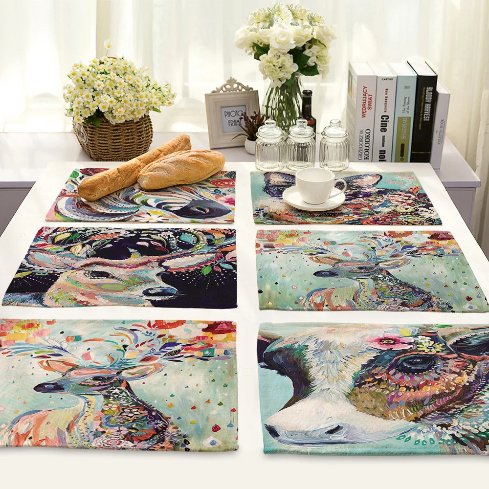 

Creative Animal Painting Table Mat Cotton Linen Placemat for Dining Table Nordic Home Kitchen Decoration Accessories Table Mats
