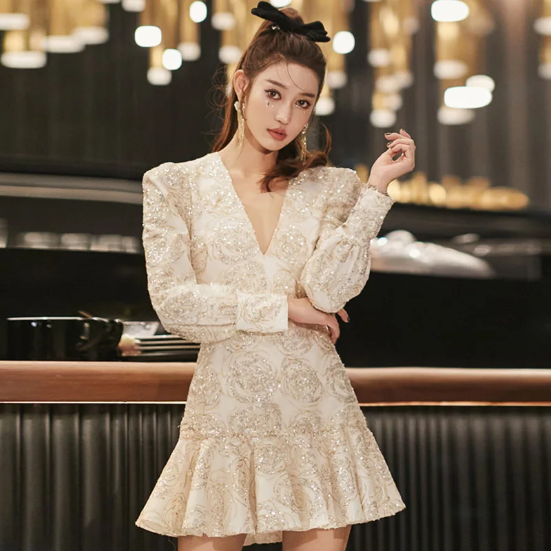 

Temperament annual meeting banquet party celebrity long sleeve V-neck Ruffle Dress 2021 spring dress 9425
