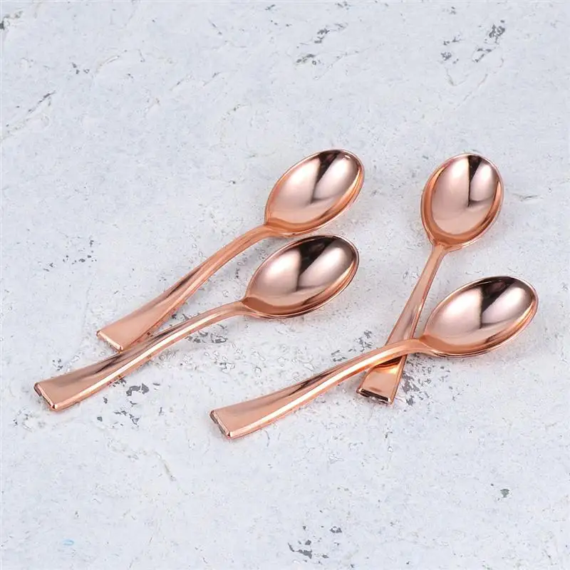 

24Pcs Mini Spoons Plastic Cake Spoons Disposable Dessert Spoons Ice-cream Spoons for Home Shop Party Golden Rose Gold