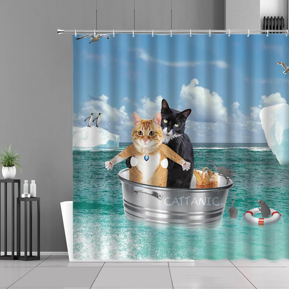 

Cat Shower Curtain Set Funny Cute Animal Waterproof Bath Curtains Home Bathroom Decor Screen Cloth Polyester Bathtub Partition