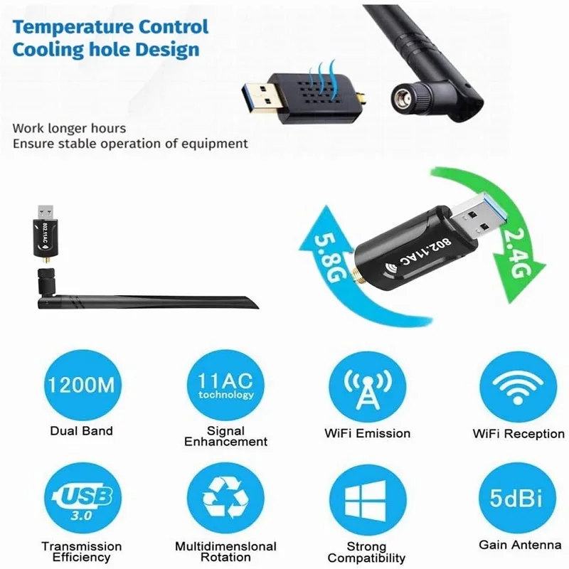 New USB 3.0 2.4G / 5G WiFi  Adapter Wireless AC 1200Mbps Network Card RTL8812BU High Gain Antenna Receiver For Windows Mac OS hot 1200mbps 2 4g 5g wifi usb 3 0 adapter with base wireless ac dual high gain antennas network card for windows linux card