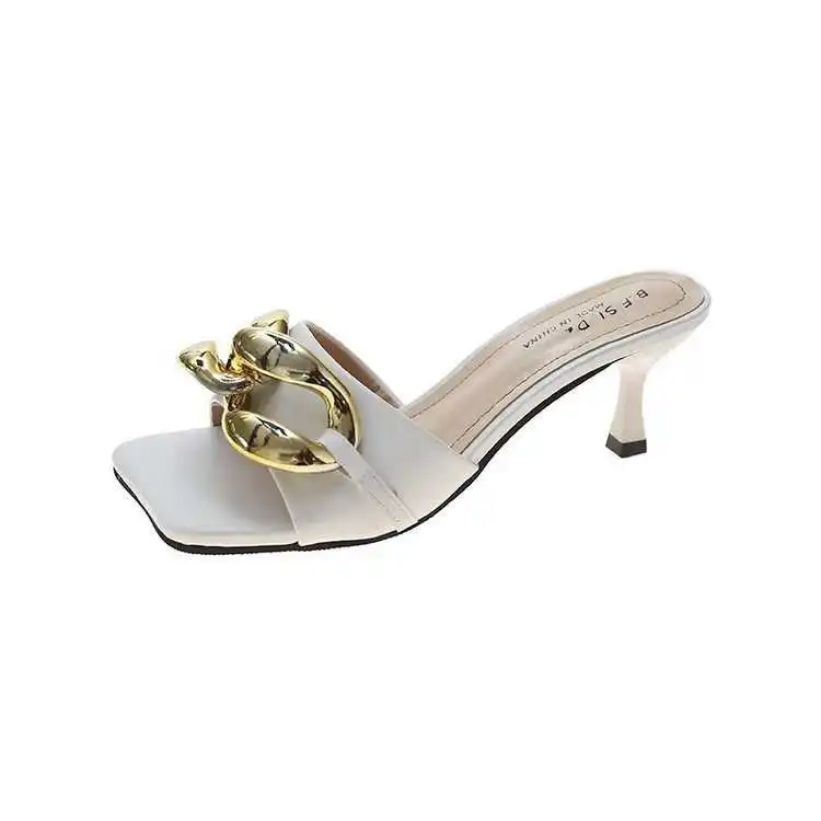 

Slippers women's high heel thin heel square head metal chain sandal 2021 summer new women's shoes women's shoes