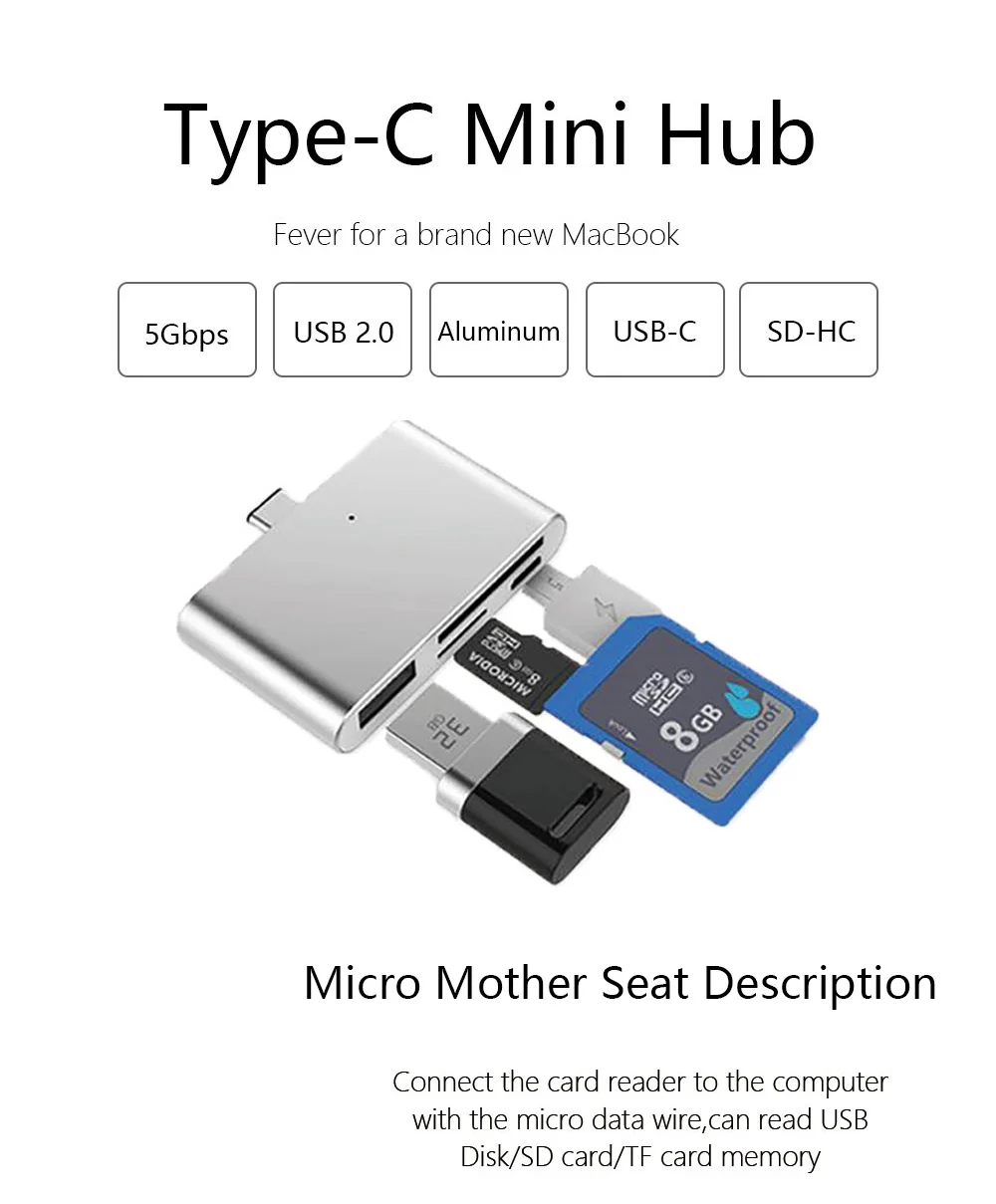 Мини-usb C концентратор, SD TF кард-ридер, алюминиевый USB C адаптер Смарт OTG ридер для ноутбука планшета смартфона