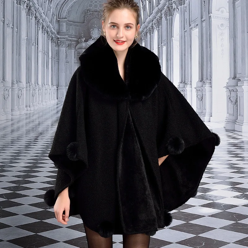 

Winter New Cloak Women Faux Rabbit Fur Collar Shawl Cape Hem With Hairball Phoncho Warm Thick Loose Plus Size Cardigan Coat