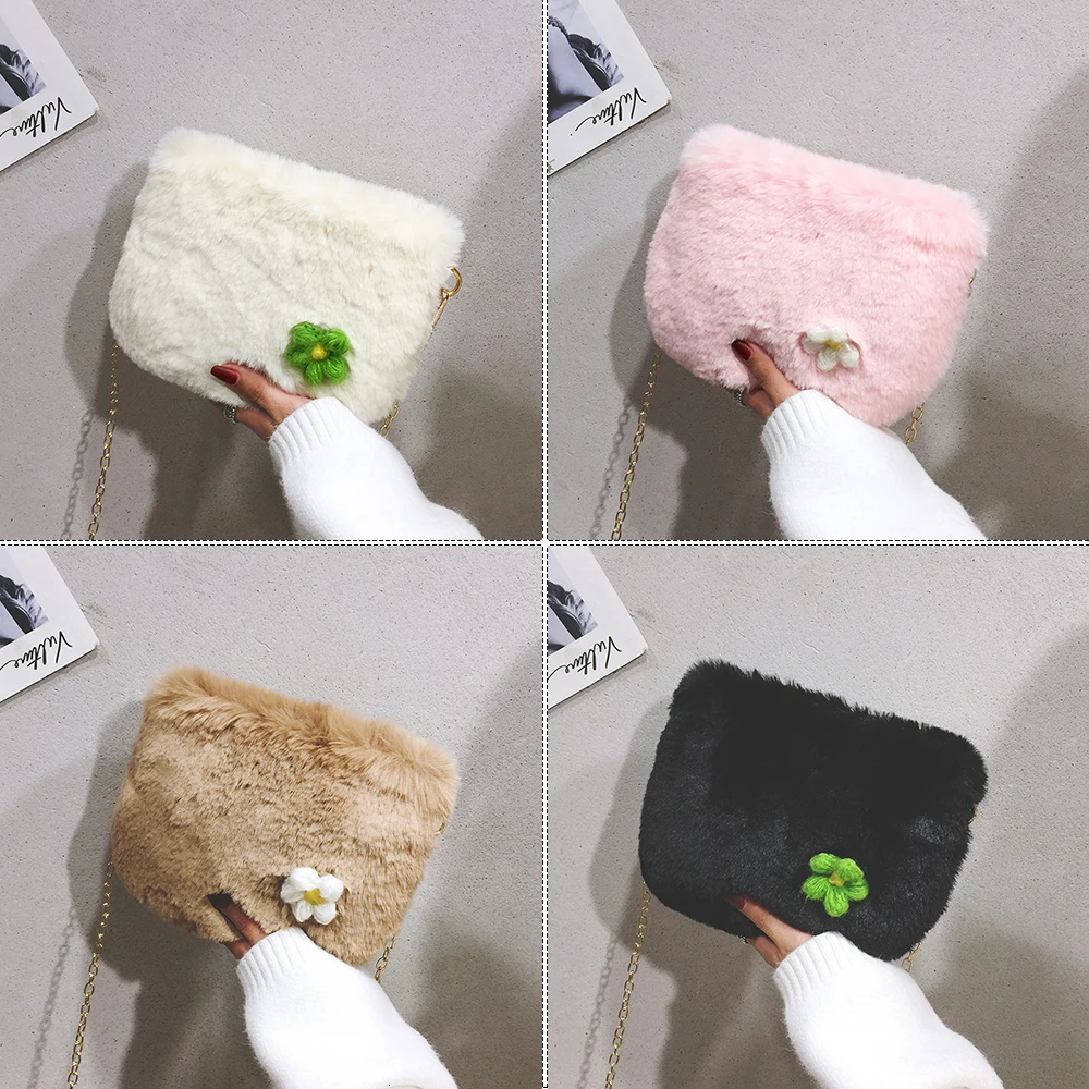Fashion Faux Fur Women Crossbody Bag Winter Plush Fower Decoration Messenger Office Casual Female Shoulder Handbag | Багаж и сумки