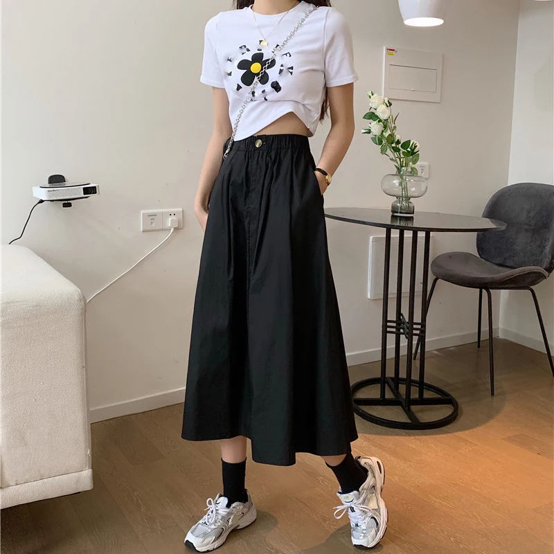 

Spring Summer Women Pure cotton Skirts Vintage High Waist Elastic Patchwork White Black Chic Long Cake A-line Skirt for Stude