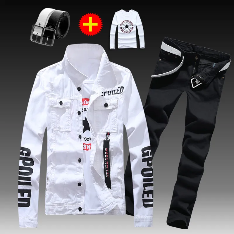 Мужская приталенная джинсовая куртка и штаны комплект из 2 предметов, пальто с длинными рукавами повседневные штаны для мальчиков с буквенным принтом, большие размеры, черные, белые, красные