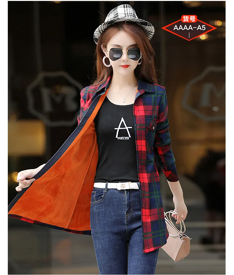 2020 бархатная Длинная блузка плотная теплая женская рубашка в клетку топы с