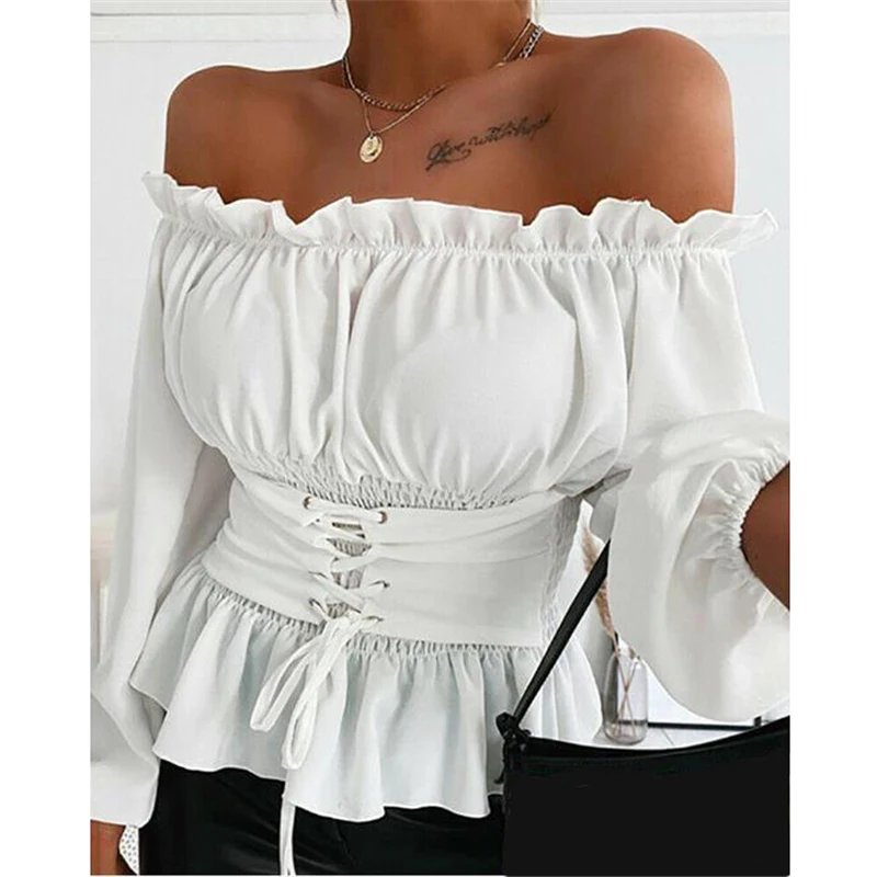 

Fashion Women Sexy Off Shoulder Blouse Ruffles Lace Up Slash Neck Long Sleeve Slim Fit Sashes Solid Tops Summer Spring Shirt