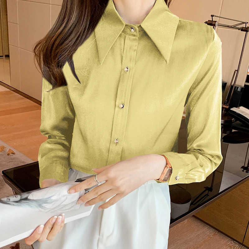 

Korean Silk Women Shirts Satin Blouses Women Long Sleeve Shirts Tops Woman Silk Shirt Tops Woman Peter Pan Collar Satin Blouses