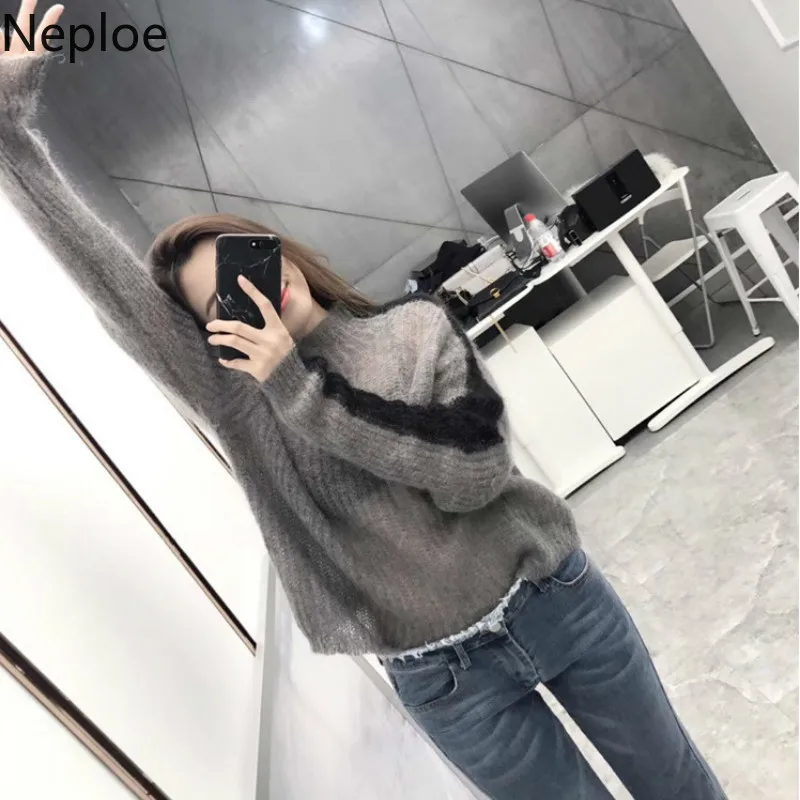 Neploe тонкий лоскутный длинный рукав Свободный корейский вязаный нижний свитер