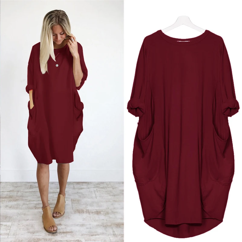 

Spring Autumn Women's Fashion Pocket Loose Dress Ladies Crew Neck Casual Long Girl Tops Dress Female Dress Oversized vestidos