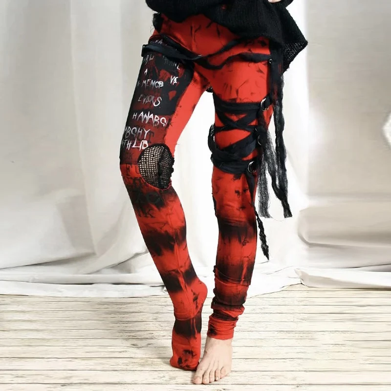 

Mesh Gauze Stitching Hole Letter Printing Pants Tights Street Trend Pants Women Punk Dark Style Tight Pants