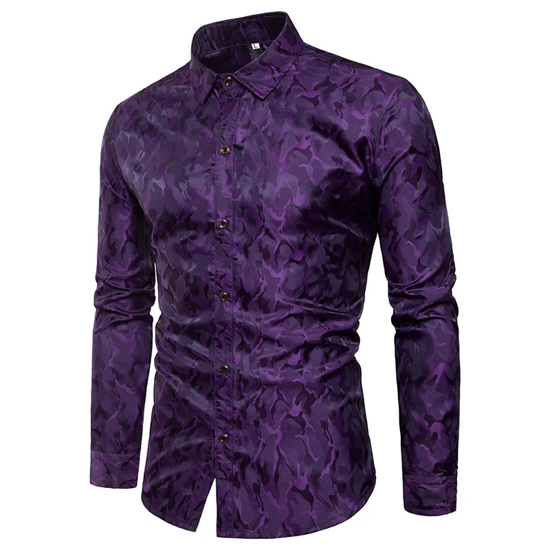 

Purple Camouflage Shirt Men 2018 Brand New Smooth Silk Cotton Mens Dress Shirts Casual Slim Fit Long Sleeve Chemise Homme Camisa