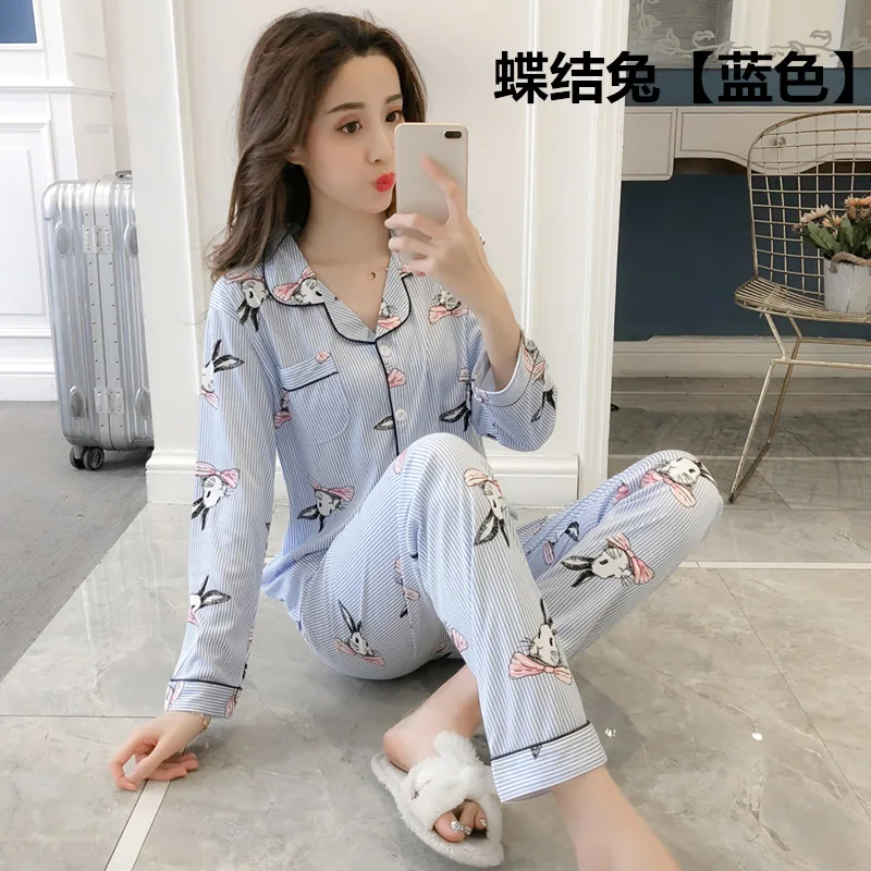 Blue-1 Пижама из 2 предметов для крупных девушек; Mujer; Пижама для отдыха и студентов; коллекция года; женские пижамные комплекты; сезон осень-зима; симпатичная одежда для сна с длинными рукавами и принтом - Цвет: Blue-1