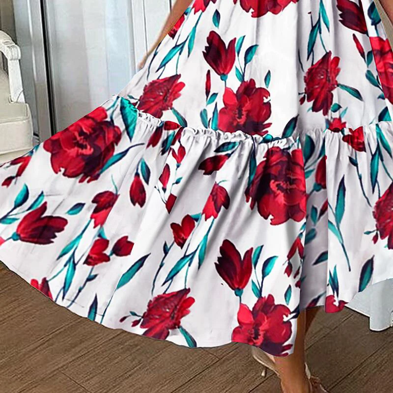 

2021 Summer Sexy Deep V-neck Hollow Out Party Dress Women Backless Sling Long Dress Spring Rose Print Sleeveless A-Line Dresses