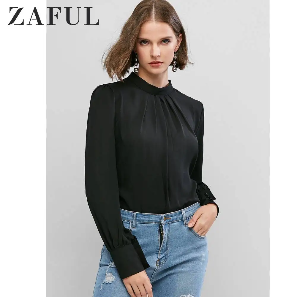 ZAFUL плиссированная Рабочая блузка с замочной скважиной на пуговицах сзади