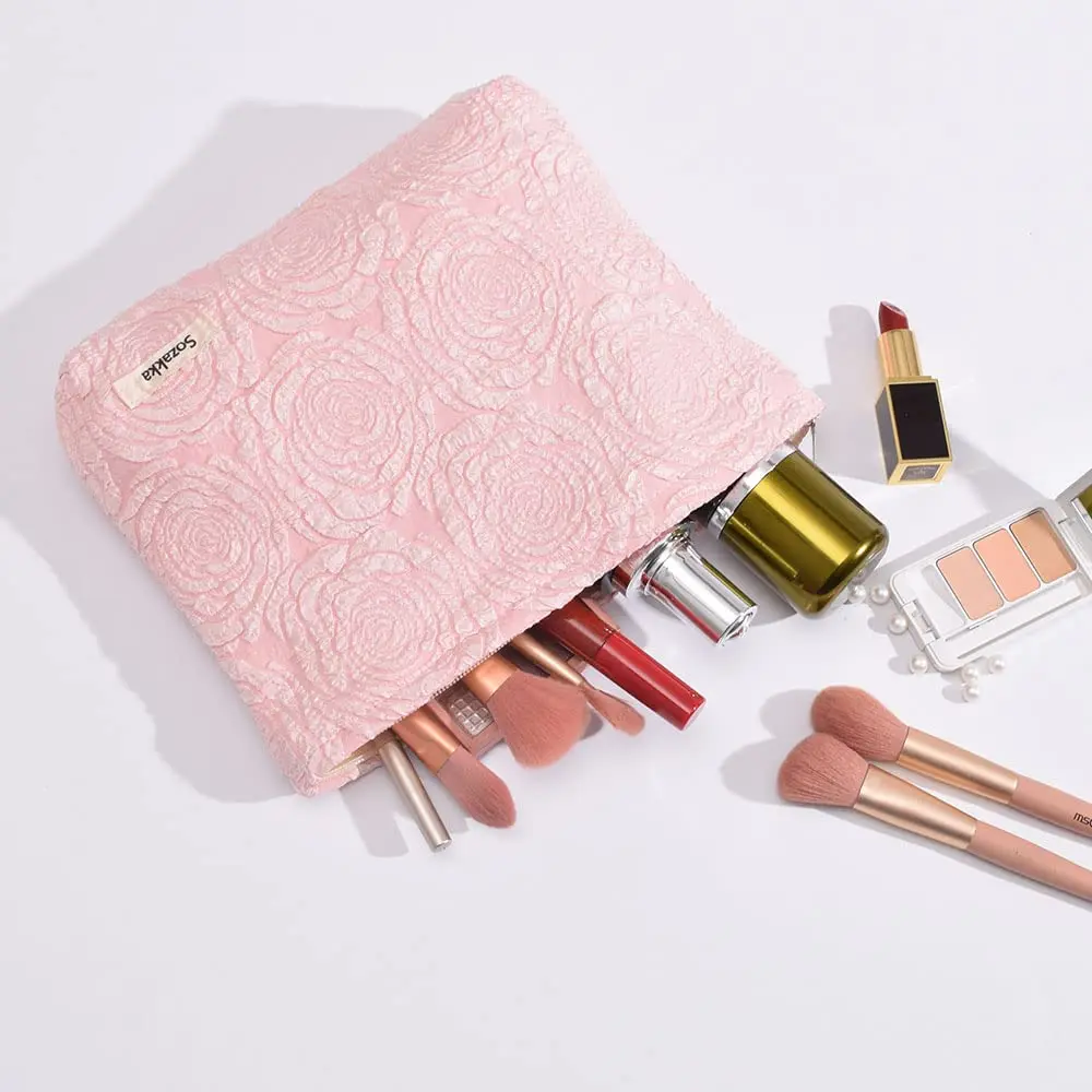 

Розовая косметичка для женщин, вместительная холщовая сумочка для косметики, дорожный органайзер для туалетных принадлежностей, розовый ц...