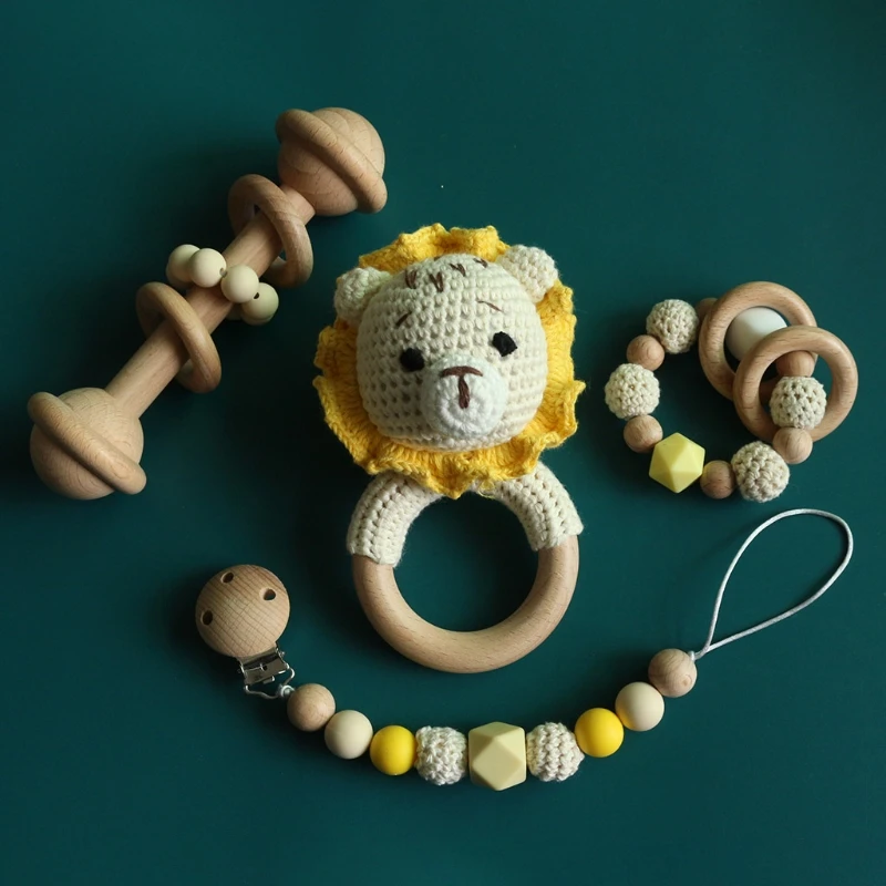 

Baby Pacifier Clip Chain Teething Bracelet Crochet Lion Soother Infants Rattle J2HD