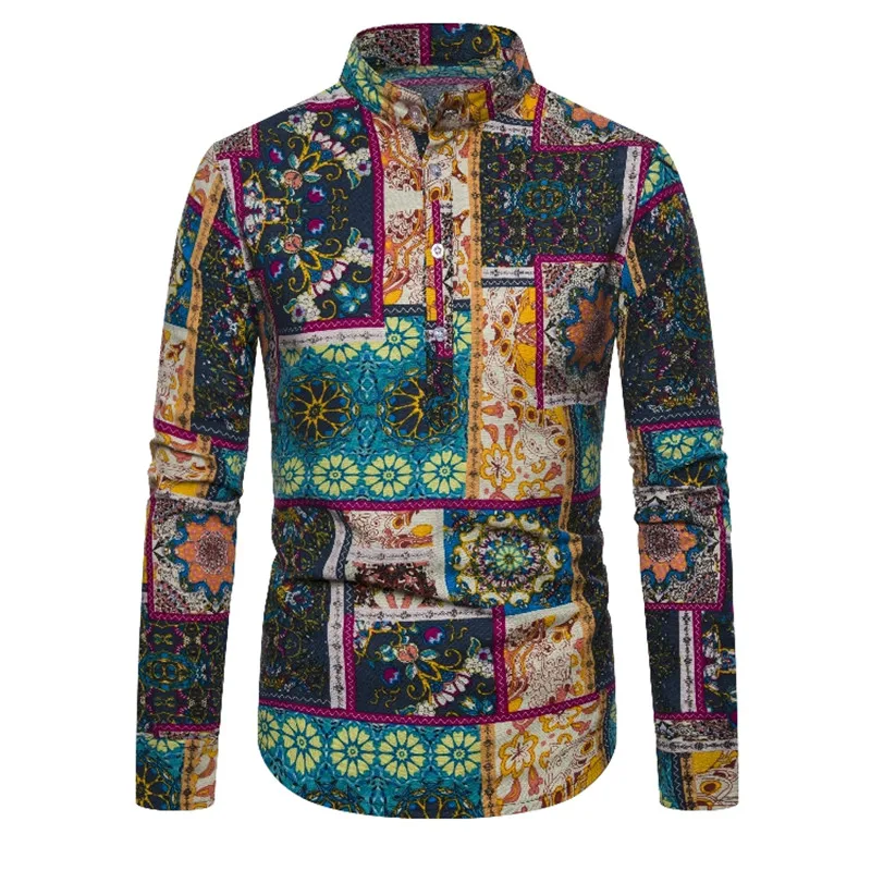 Винтажная хлопковая льняная рубашка в этническом стиле с цветочным принтом для