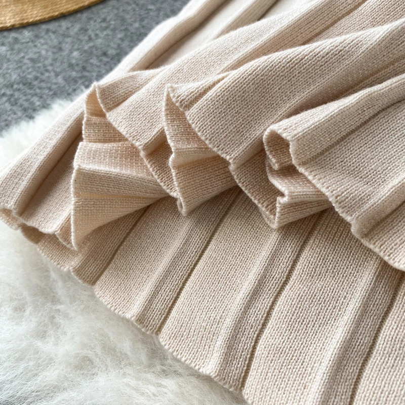 

Ins fashion knitted dress women elegant v-neck long sleeve pleated midi dress slim stretch high waist buttons sweater dresses