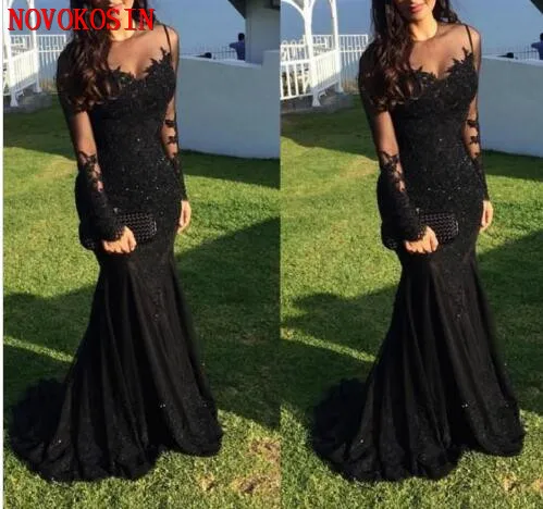 

2020 Sexy Arabic Tulle Jewel Neck Illusion Lace Appliques Beaded Black Mermaid Long Sleeves Formal Party Prom Dress Evening Gown