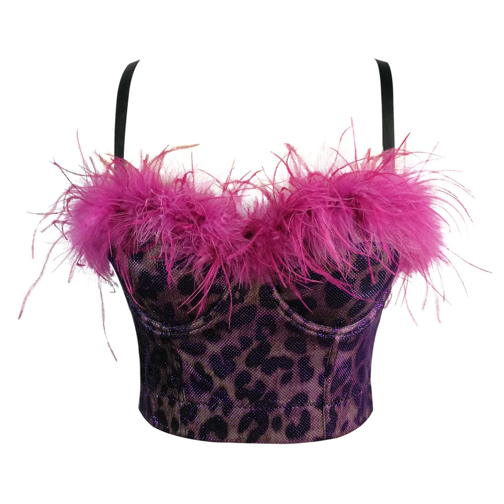 

Cupnaya Furry Feathers Women Loapard Stretch Crop Top Sexy Bustier Corset Bralette Padded Camisole Tanks Vest Dance Clubwear