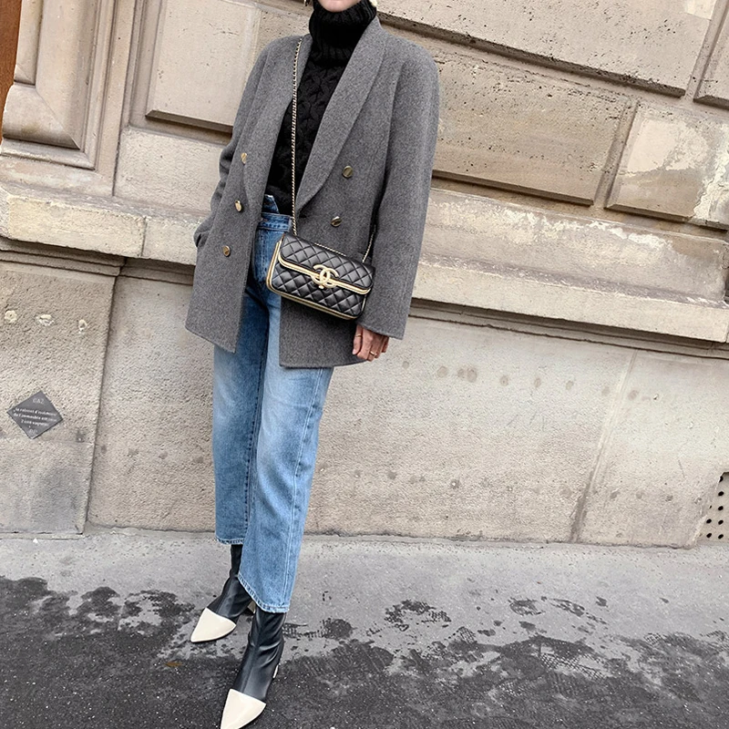 

Women Jacket Coat New Loose Double Breasted Outwear Vintage Casual Elegant Gentle Warm Office Lady