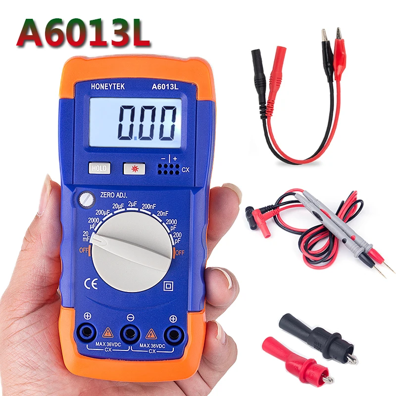 

A6013L 1999 Count LC Meter Capacitance Tester With Set Of Probes Feelers 200pF-20mF Capacitor Meter Data HOLD With LCD Backlight