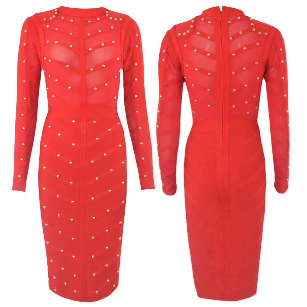 

2021 New Women Black Lace Bandage Dress Autumn Midi Long Sleeve Sexy Mesh Bead Bodycon Club Celebrity Party Club Dresses