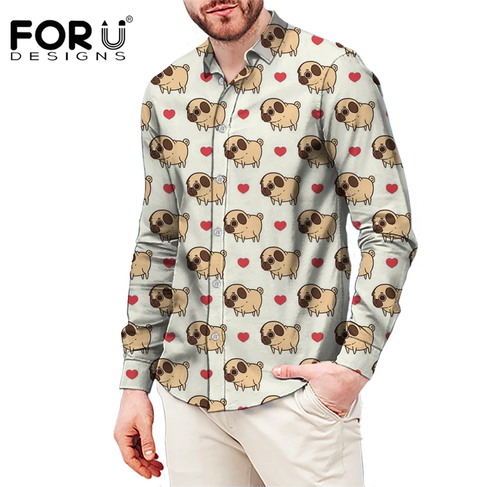 

FORUDESIGNS Cute Pug Dog Pattern Men's Casual Shirt Button Down Round Neck Collar Plus Size Work Yellow Tops Daily Camisa