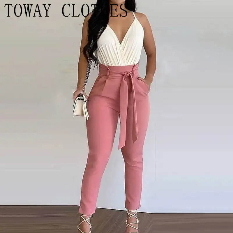 

Solid Color Sleeveless Tank Top With Lace-up Pants Commute Suit Sets Fasion Women Summer Two Piece Casual Wear Commute Suit Sets