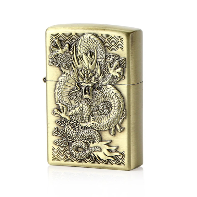 Gold Dragon 1 шт. Dragon Emboss металлическая многоразовая ветрозащитная Зажигалка на керосин для курения Винтажный стиль колеса масляная Зажигалка гаджеты для мужчин - Цвет: Gold Dragon