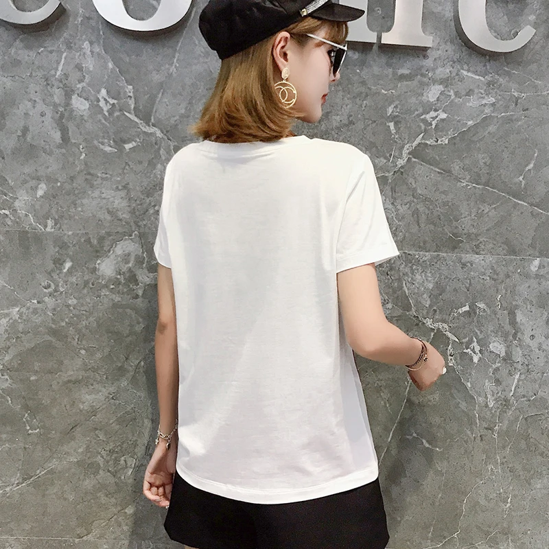 

Europe Print Short Sleeve T-Shirts Women 2019 Summer New Loose Tshirt Fashion Street Tees Korea All Match Casual White Tops