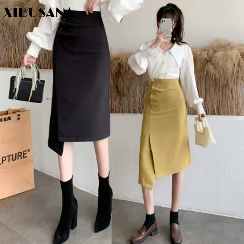 

XIBUSANA 2020 Autumn New Fashion Vintage Drape Irregular Buttons Skirts Women's Solid High Waist Loose Female Knee Length Skirts