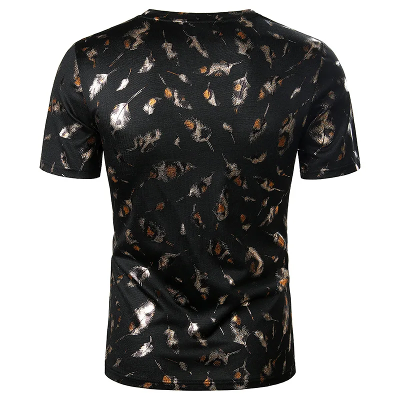 Футболка мужская с золотым принтом перьев короткий рукав V-образный вырез