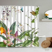 plant flower scenery shower curtain green leaf poppy peach cherry blossom floral butterfly bird bathroom decor polyester fabric