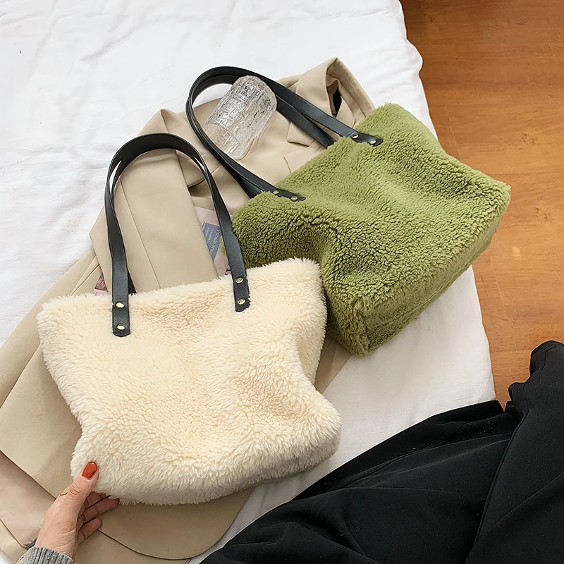 

Lambswool Shoulder Bags For Women 2021 Winter Totes Soft Plush Faux Fur Handbags And Purses Lady Casual High Capacity Hand Bag