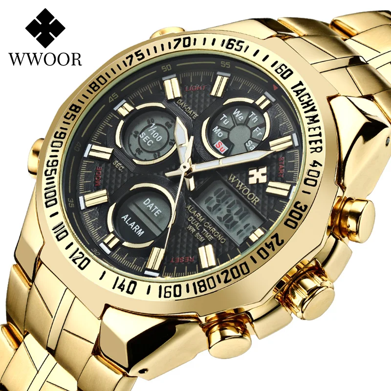 

Luxury Gold Watch For Men WWOOR Top Brand Waterproof Man Watch Fashion Sports LED Chronograph Quartz Stopwatch Wristwatches 2020