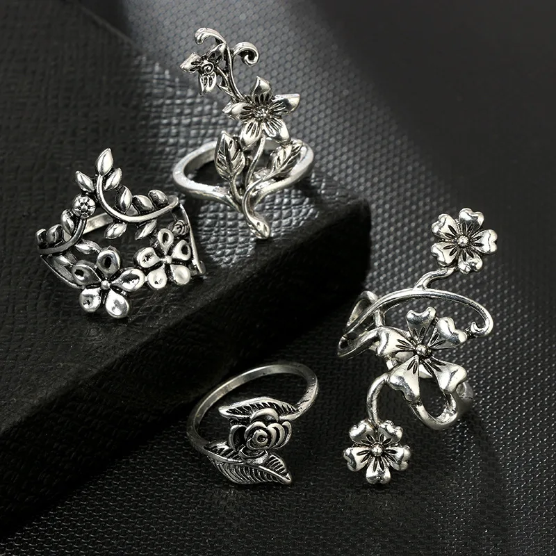 

4 Pcs Women's Ring Fashion Ancient Silver Mori Vine Leaf Flower Rings