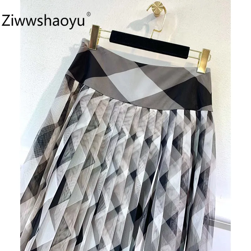 Ziwwshaoyu Осенняя женская обувь черно-белая, с геометрическим узором, с принтом Юбка из сетчатой ткани шелк класса "люкс" подкладка плиссированная юбка миди