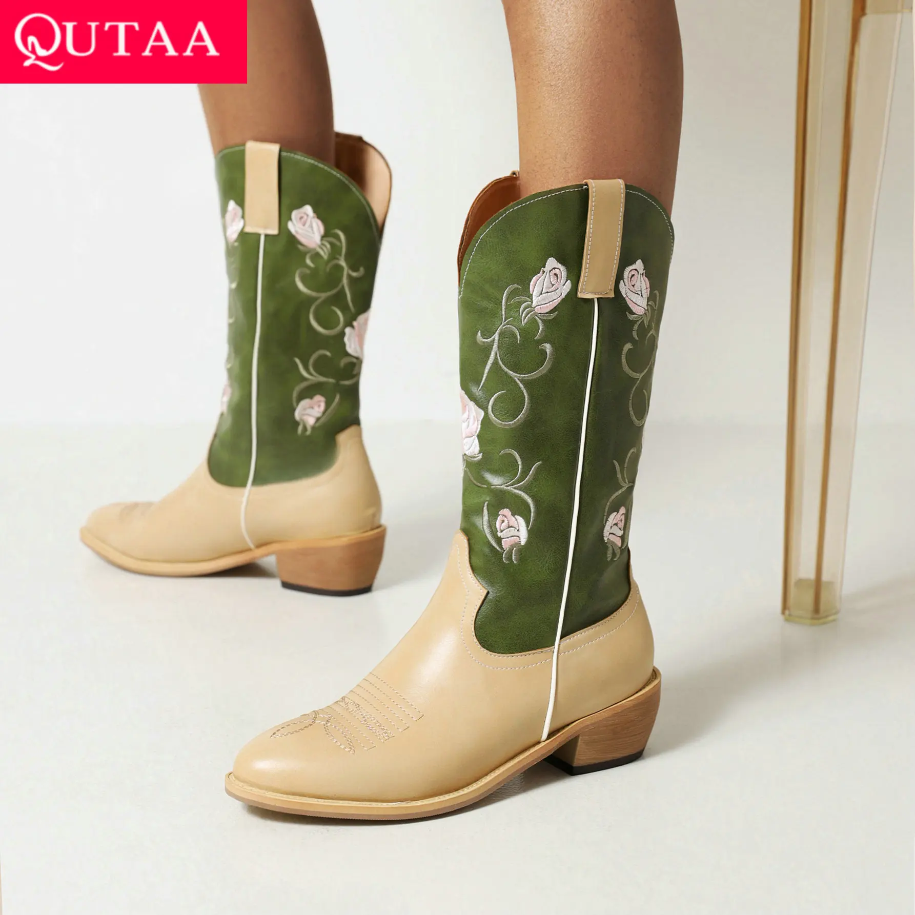 

QUTAA 2022 Round Toe Square Heel Mid Calf Boots PU Leather Fashion Short Boots Platform Zipper Slip On Women Shoes Size 34-43