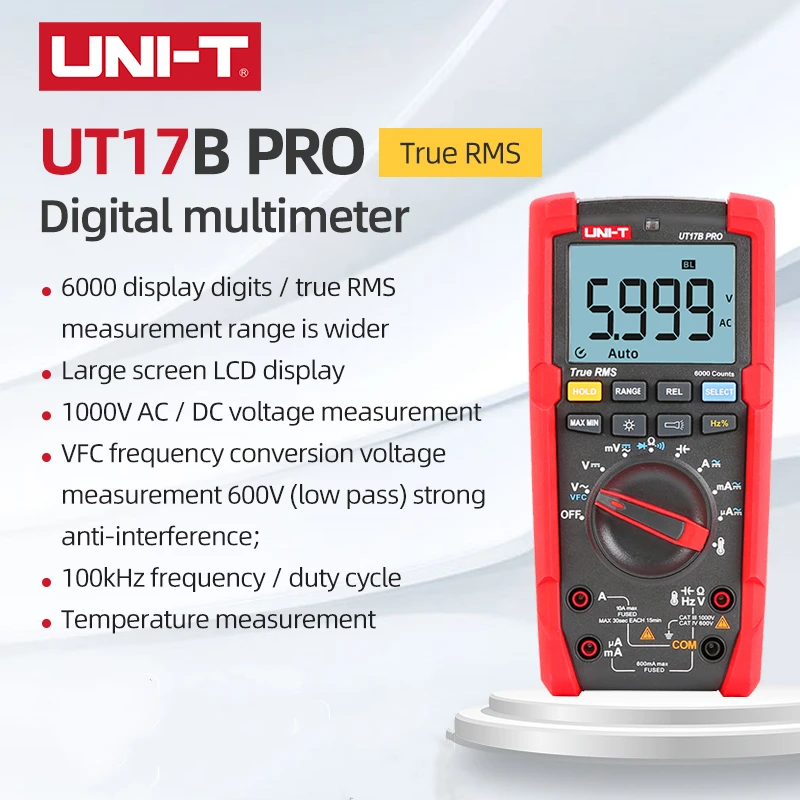 

Портативный цифровой мультиметр UNI-T, цифровой мультиметр UT15B PRO/UT17B PRO, точное эффективное значение, Автоматический диапазон, 1000 В переменног...