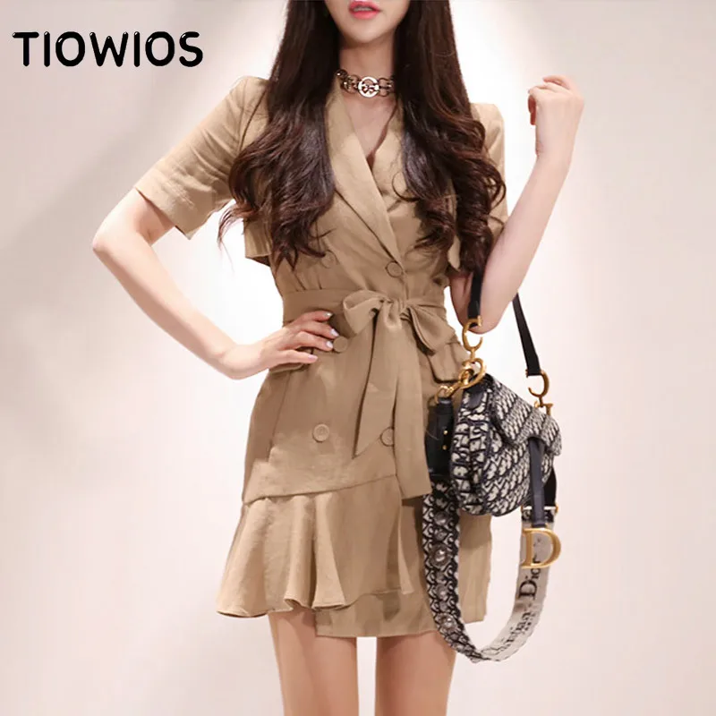 

Новинка 2021, женское летнее платье tiвосемь цветов, корейское офисное темпераментное двубортное приталенное платье с воротником, платье-паль...