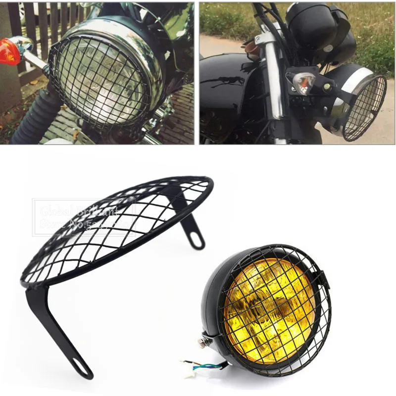 Universal 7inch Retro Style Motorcycle Headlight Mesh Grill Mask Guards Square Metal Cover Accessories Diamond Anti Collision