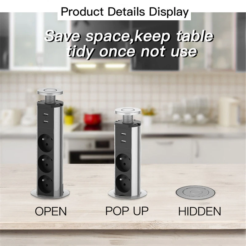

PULL POP UP 3 AC Outlets Extension Power Strip 2 USB Charging Port Kitchen Table Desktop Sockets Retractable Countertops Worktop