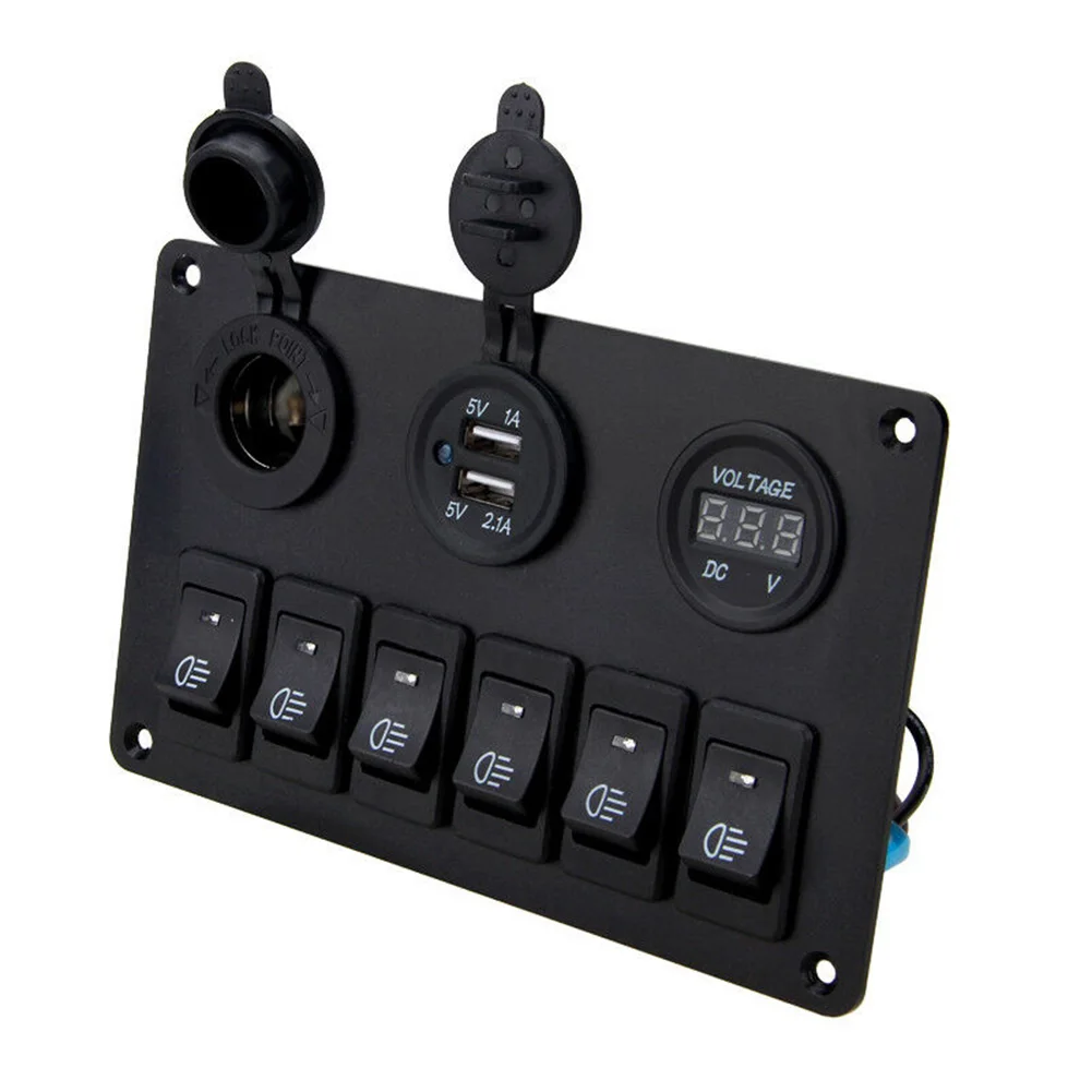 

Auto 6-Gang Switch Panel 6Gang 12V Blue LED Rocker Switch Panel Car Boat Circuit Dual USB Waterproof Automotive Goods