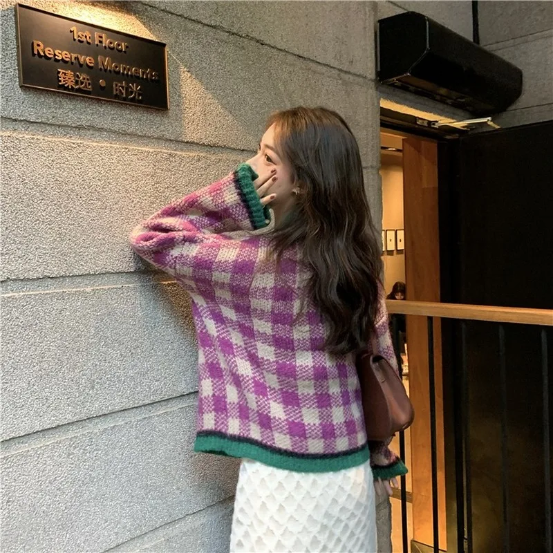 Женский винтажный кардиган в клетку Gaganight розовый вязаный с длинным рукавом и